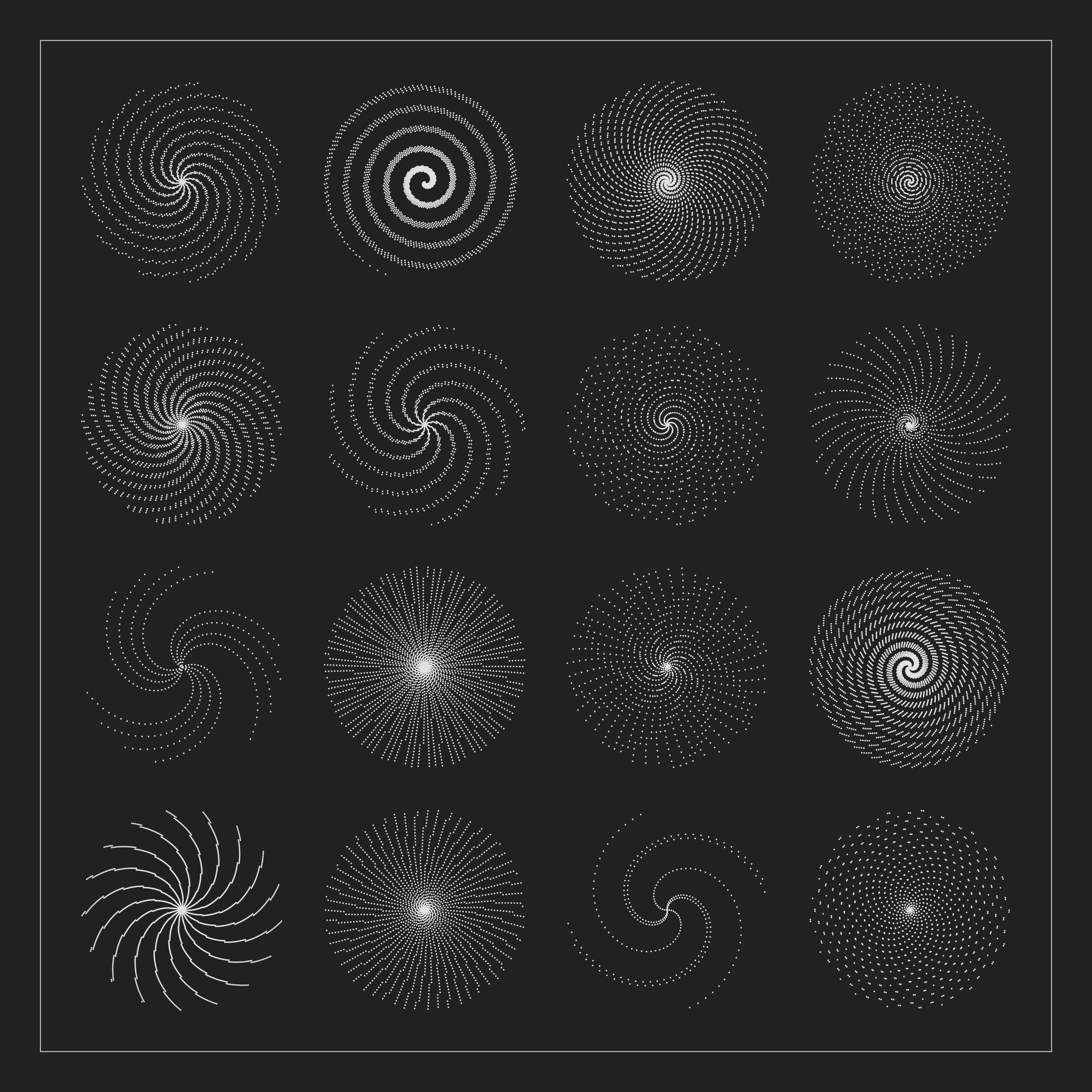 A collection of sixteen unique moon spirals, born out of almost infinite possibilities.
